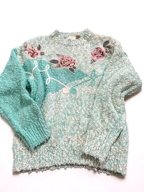 Vintage Needles & Yarn Aqua Floral Applique Sweater 90s Cottagecore Grandma M